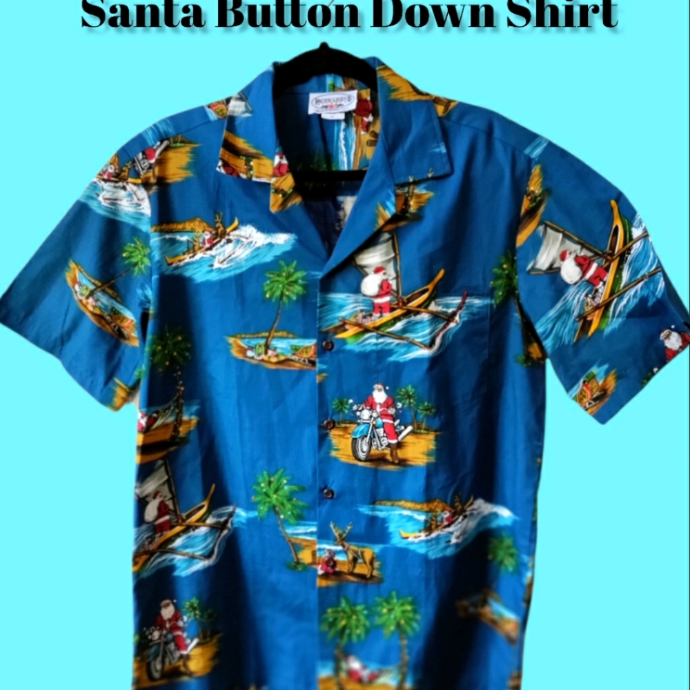 Men's tropical biker Santa button down Christmas shirt size Medium